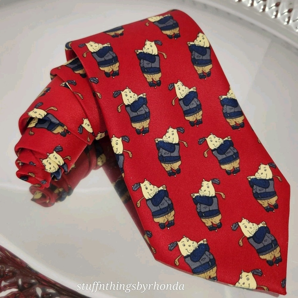 Vintage Mercedes Myung Ju Silk Tie Golfing Hippo Hand Made Whimsical Golf